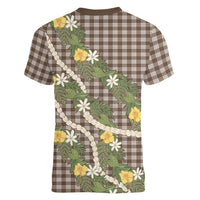 Aloha Puakenikeni Anthurium Pikake Lei Women V-Neck T-Shirt Chocolate Hawaiian Palaka Pattern