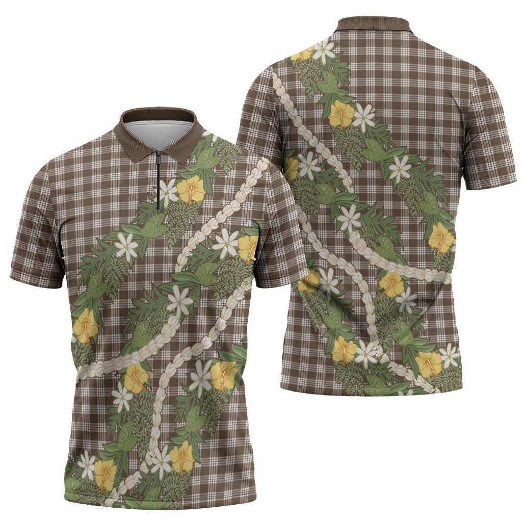 Aloha Puakenikeni Anthurium Pikake Lei Zipper Polo Shirt Chocolate Hawaiian Palaka Pattern