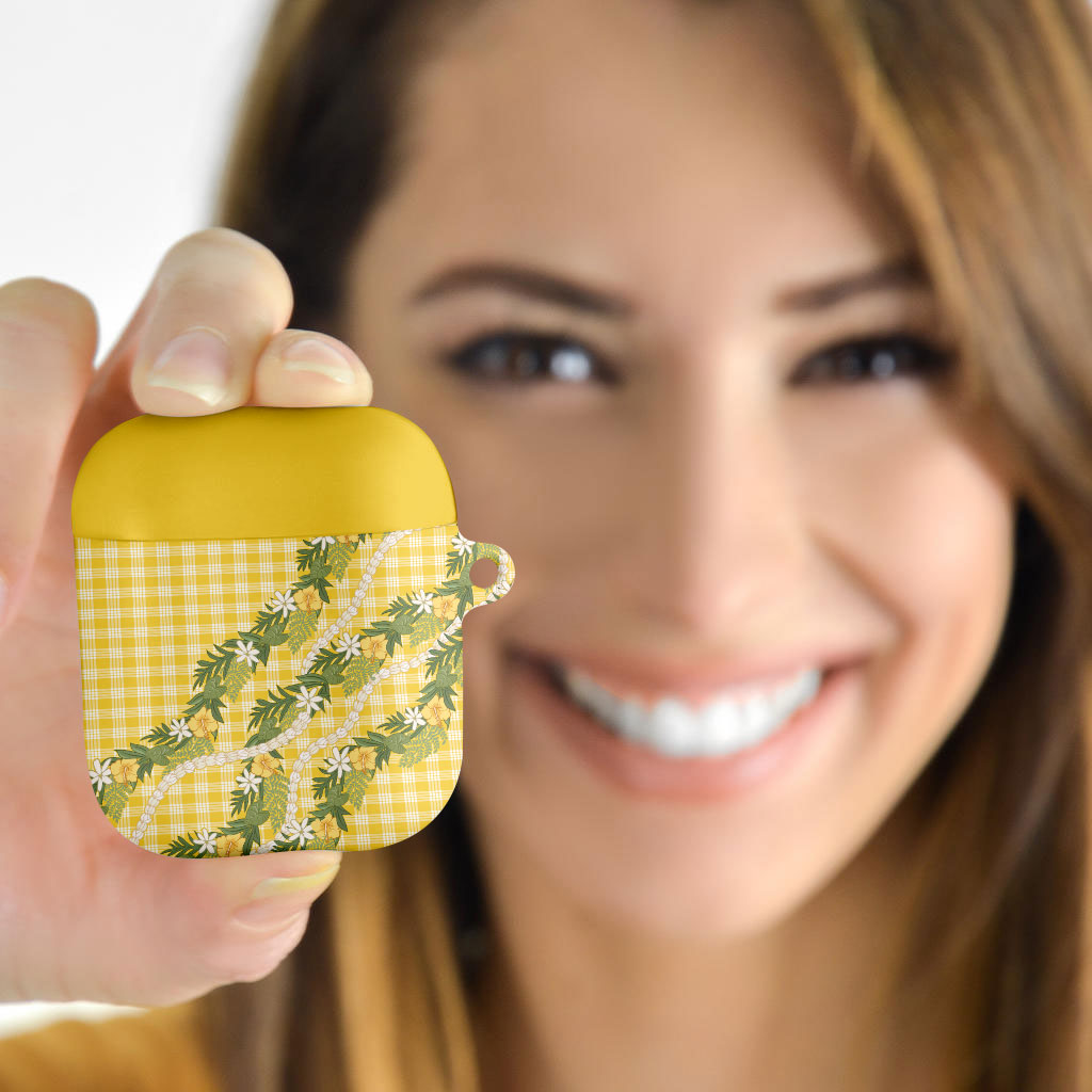 Aloha Puakenikeni Anthurium Pikake Lei AirPods Case Gold Hawaiian Palaka Pattern