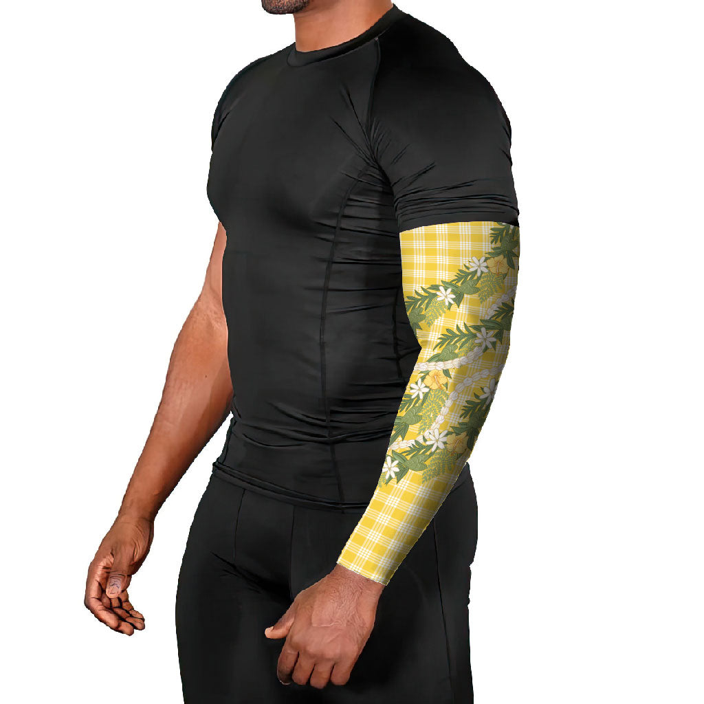 Aloha Puakenikeni Anthurium Pikake Lei Arm Sleeves Gold Hawaiian Palaka Pattern