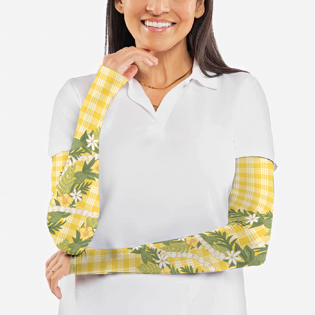 Aloha Puakenikeni Anthurium Pikake Lei Arm Sleeves Gold Hawaiian Palaka Pattern