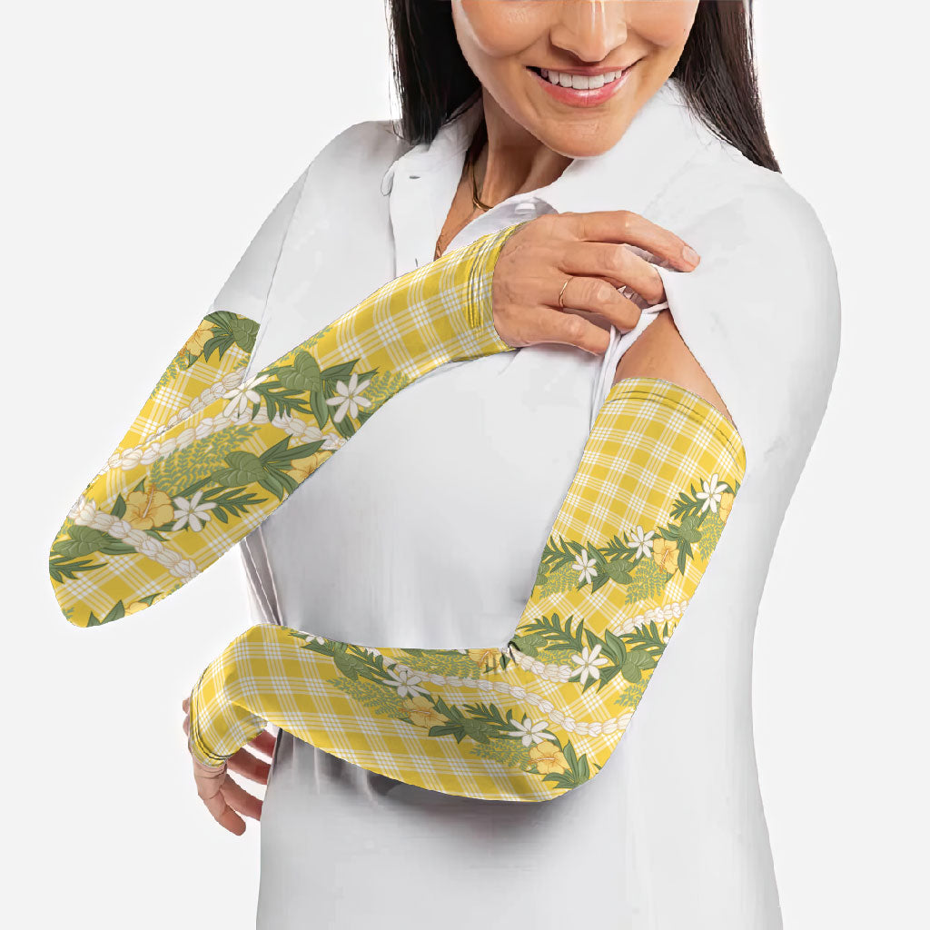Aloha Puakenikeni Anthurium Pikake Lei Arm Sleeves Gold Hawaiian Palaka Pattern