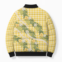 Aloha Puakenikeni Anthurium Pikake Lei Bomber Puffer Jacket Gold Hawaiian Palaka Pattern