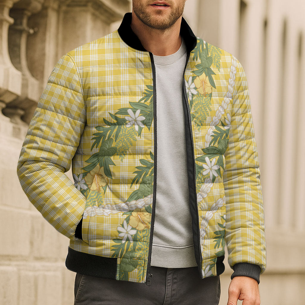 Aloha Puakenikeni Anthurium Pikake Lei Bomber Puffer Jacket Gold Hawaiian Palaka Pattern