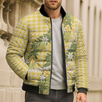 Aloha Puakenikeni Anthurium Pikake Lei Bomber Puffer Jacket Gold Hawaiian Palaka Pattern