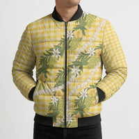 Aloha Puakenikeni Anthurium Pikake Lei Bomber Puffer Jacket Gold Hawaiian Palaka Pattern