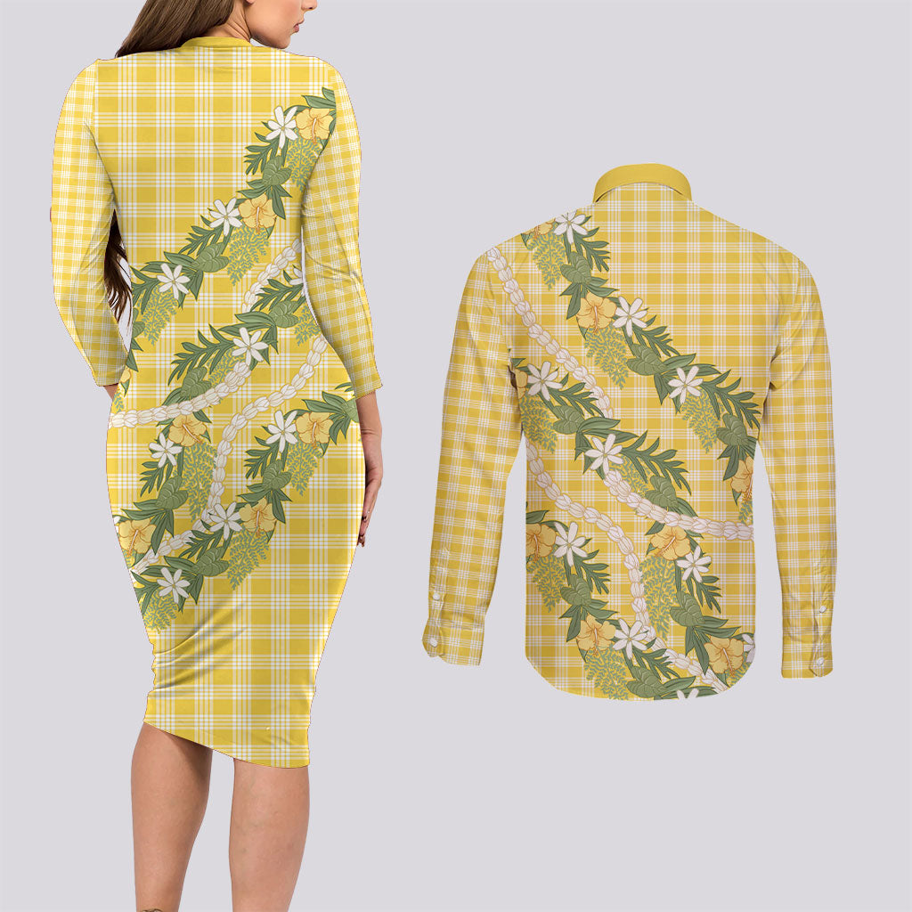 Aloha Puakenikeni Anthurium Pikake Lei Couples Matching Long Sleeve Bodycon Dress and Long Sleeve Button Shirt Gold Hawaiian Palaka Pattern