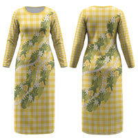 Aloha Puakenikeni Anthurium Pikake Lei Couples Matching Long Sleeve Bodycon Dress and Long Sleeve Button Shirt Gold Hawaiian Palaka Pattern LT9 - Polynesian Pride