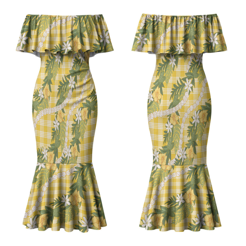 Aloha Puakenikeni Anthurium Pikake Lei Couples Matching Mermaid Dress and Hawaiian Shirt Gold Hawaiian Palaka Pattern LT9 - Polynesian Pride