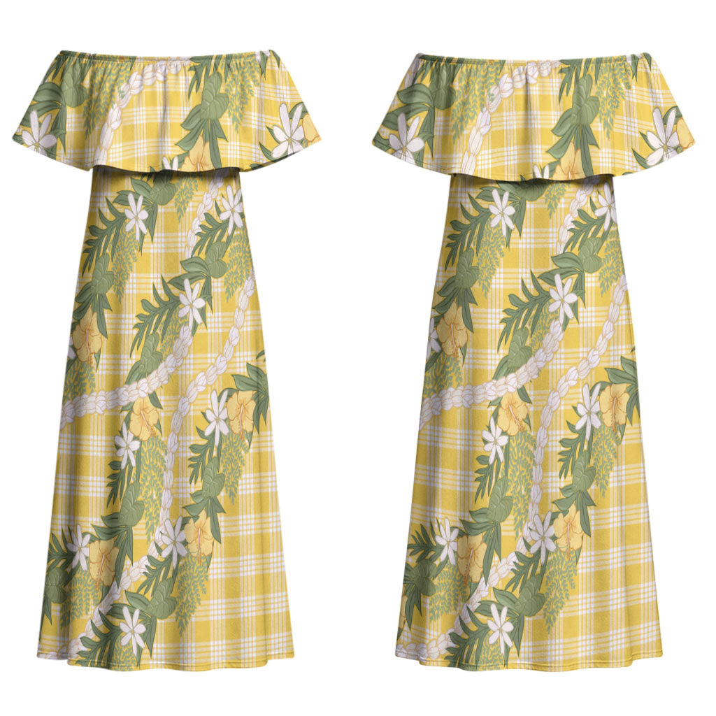 Aloha Puakenikeni Anthurium Pikake Lei Couples Matching Off Shoulder Maxi Dress and Hawaiian Shirt Gold Hawaiian Palaka Pattern LT9 - Polynesian Pride