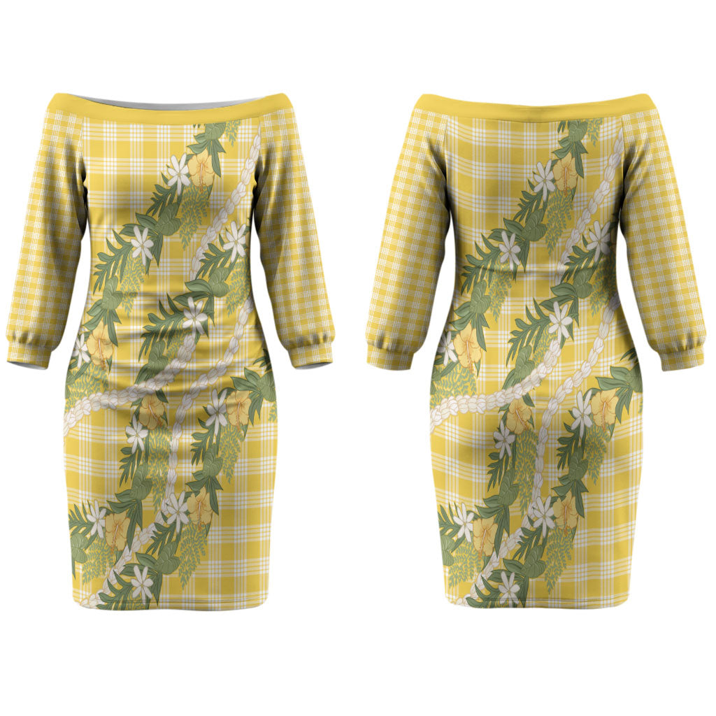 Aloha Puakenikeni Anthurium Pikake Lei Couples Matching Off The Shoulder Long Sleeve Dress and Hawaiian Shirt Gold Hawaiian Palaka Pattern LT9 - Polynesian Pride