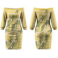 Aloha Puakenikeni Anthurium Pikake Lei Couples Matching Off The Shoulder Long Sleeve Dress and Hawaiian Shirt Gold Hawaiian Palaka Pattern LT9 - Polynesian Pride