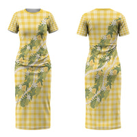 Aloha Puakenikeni Anthurium Pikake Lei Couples Matching Short Sleeve Bodycon Dress and Long Sleeve Button Shirt Gold Hawaiian Palaka Pattern LT9 - Polynesian Pride