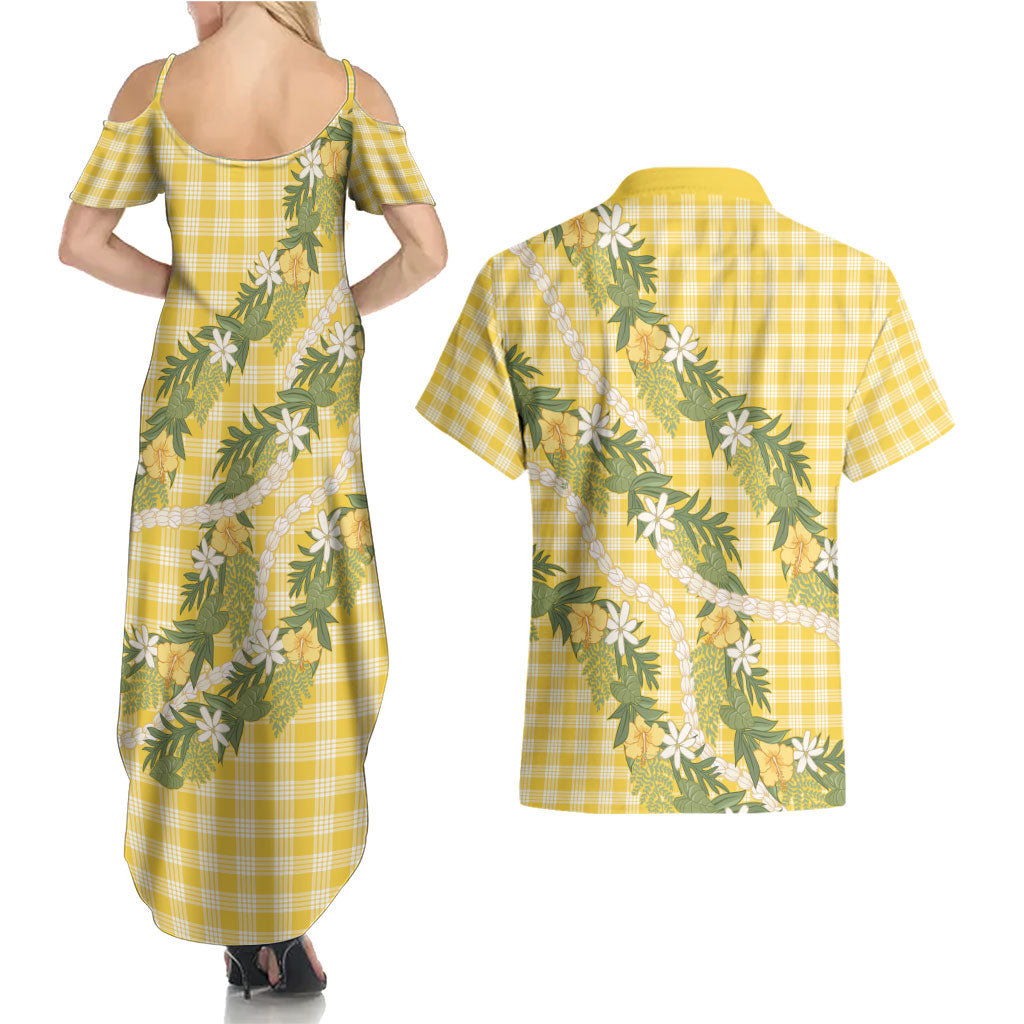 Aloha Puakenikeni Anthurium Pikake Lei Couples Matching Summer Maxi Dress and Hawaiian Shirt Gold Hawaiian Palaka Pattern