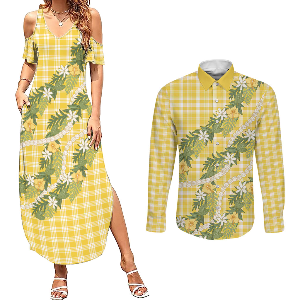 Aloha Puakenikeni Anthurium Pikake Lei Couples Matching Summer Maxi Dress and Long Sleeve Button Shirt Gold Hawaiian Palaka Pattern