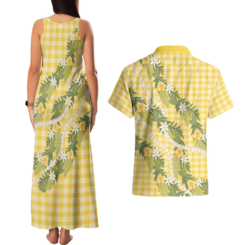 Aloha Puakenikeni Anthurium Pikake Lei Couples Matching Tank Maxi Dress and Hawaiian Shirt Gold Hawaiian Palaka Pattern
