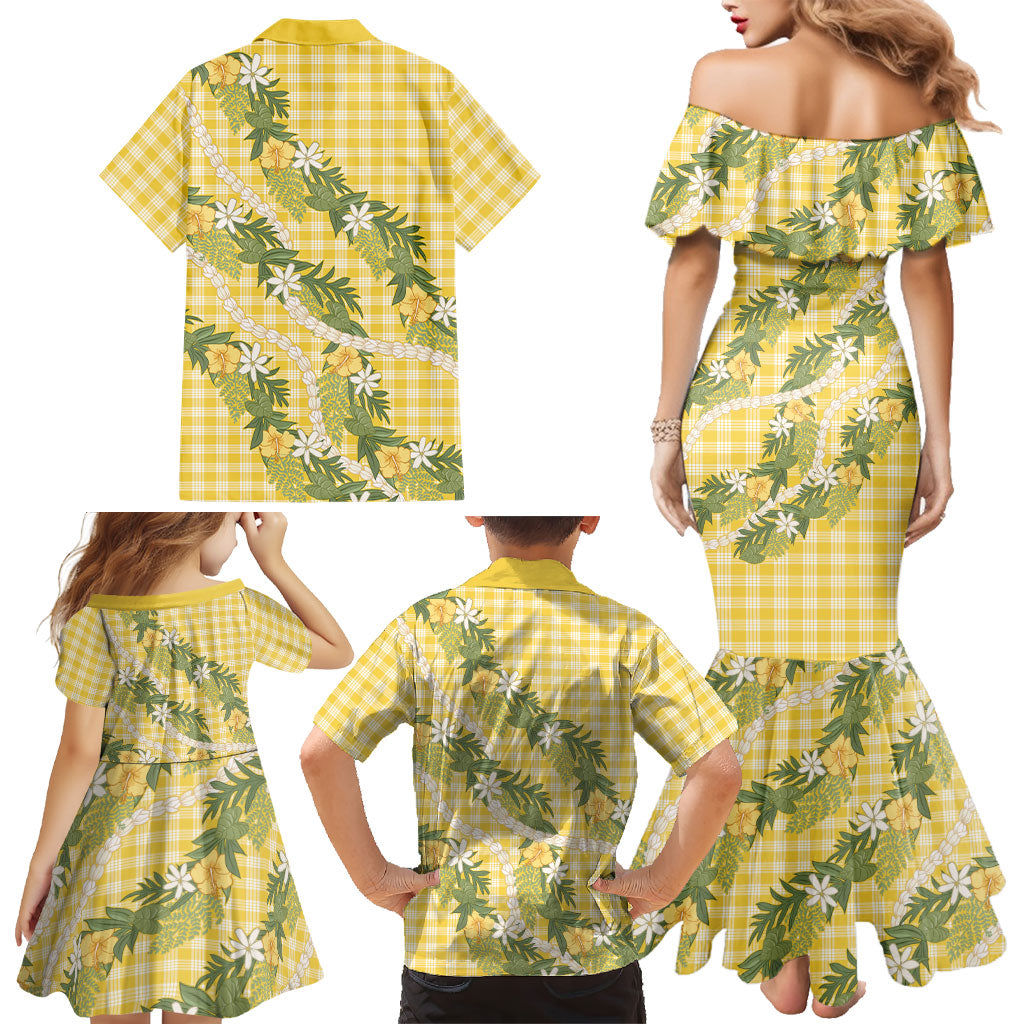 Aloha Puakenikeni Anthurium Pikake Lei Family Matching Mermaid Dress and Hawaiian Shirt Gold Hawaiian Palaka Pattern LT9 - Polynesian Pride