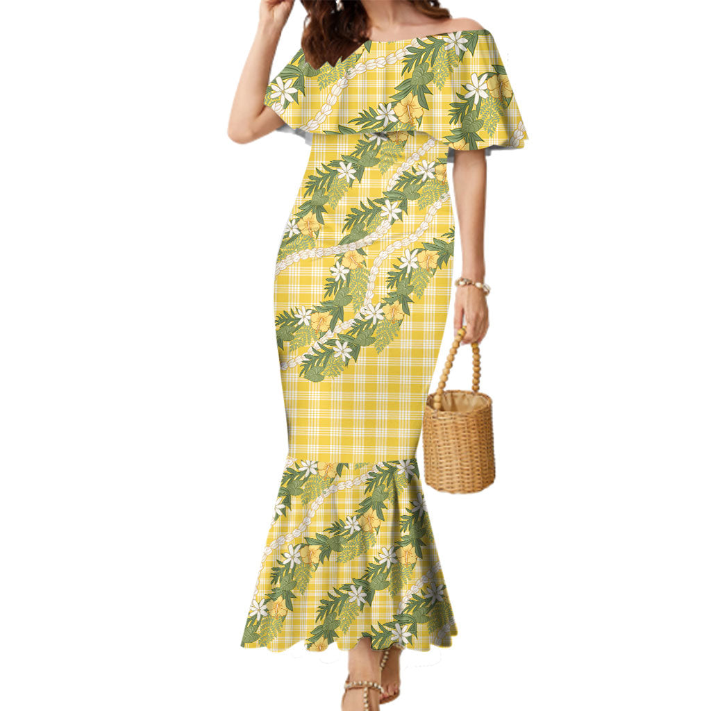 Aloha Puakenikeni Anthurium Pikake Lei Family Matching Mermaid Dress and Hawaiian Shirt Gold Hawaiian Palaka Pattern LT9 Mom's Dress Gold - Polynesian Pride