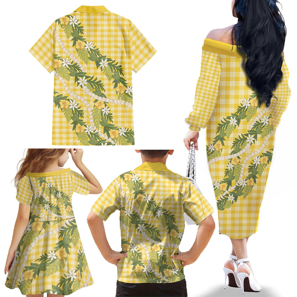 Aloha Puakenikeni Anthurium Pikake Lei Family Matching Off The Shoulder Long Sleeve Dress and Hawaiian Shirt Gold Hawaiian Palaka Pattern LT9 - Polynesian Pride