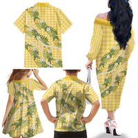 Aloha Puakenikeni Anthurium Pikake Lei Family Matching Off The Shoulder Long Sleeve Dress and Hawaiian Shirt Gold Hawaiian Palaka Pattern LT9 - Polynesian Pride