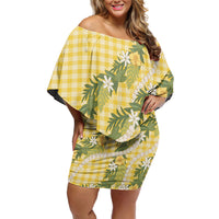 Aloha Puakenikeni Anthurium Pikake Lei Family Matching Off Shoulder Short Dress and Hawaiian Shirt Gold Hawaiian Palaka Pattern LT9 Mom's Dress Gold - Polynesian Pride