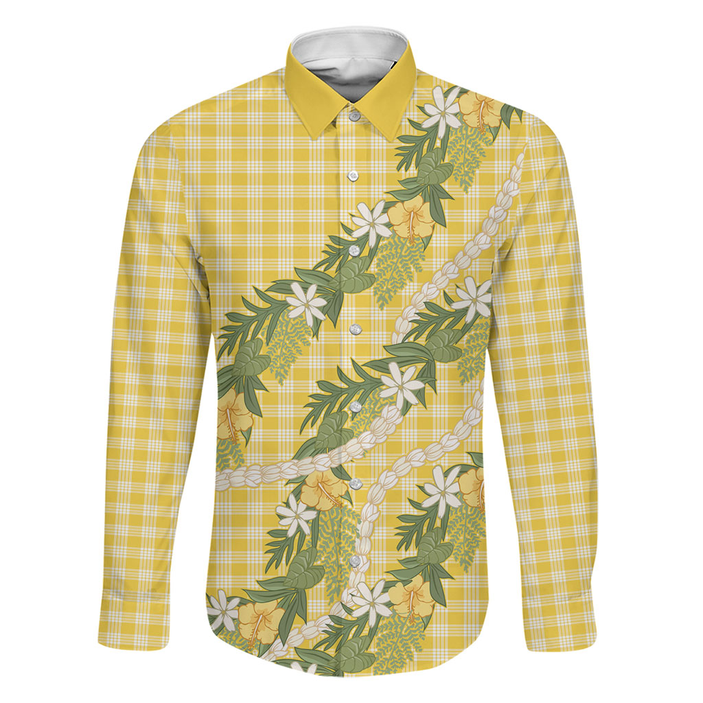 Aloha Puakenikeni Anthurium Pikake Lei Family Matching Short Sleeve Bodycon Dress and Hawaiian Shirt Gold Hawaiian Palaka Pattern LT9 Dad's Shirt - Long Sleeve Gold - Polynesian Pride