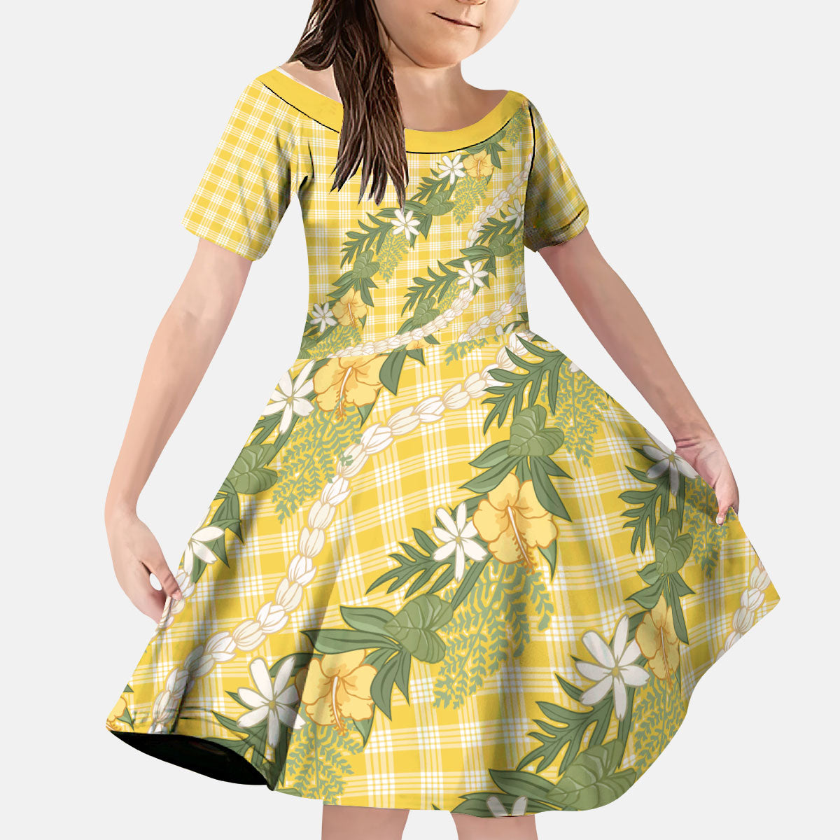 Aloha Puakenikeni Anthurium Pikake Lei Kid Short Sleeve Dress Gold Hawaiian Palaka Pattern