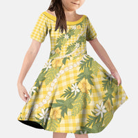Aloha Puakenikeni Anthurium Pikake Lei Kid Short Sleeve Dress Gold Hawaiian Palaka Pattern