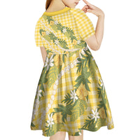 Aloha Puakenikeni Anthurium Pikake Lei Kid Short Sleeve Dress Gold Hawaiian Palaka Pattern