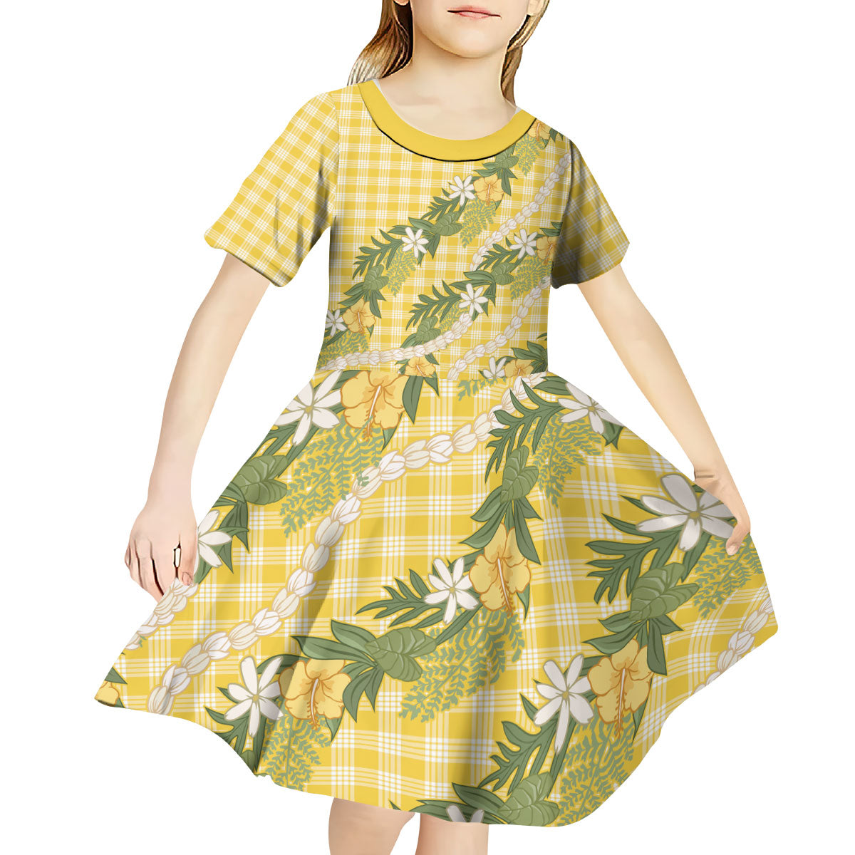 Aloha Puakenikeni Anthurium Pikake Lei Kid Short Sleeve Dress Gold Hawaiian Palaka Pattern