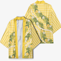 Aloha Puakenikeni Anthurium Pikake Lei Kimono Gold Hawaiian Palaka Pattern