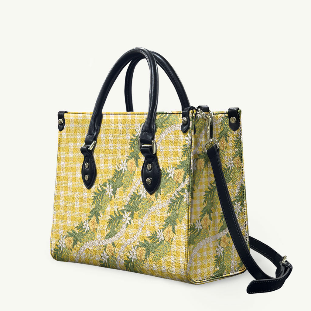 Aloha Puakenikeni Anthurium Pikake Lei Leather Bag Gold Hawaiian Palaka Pattern