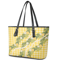 Aloha Puakenikeni Anthurium Pikake Lei Leather Tote Bag Gold Hawaiian Palaka Pattern LT9 - Polynesian Pride