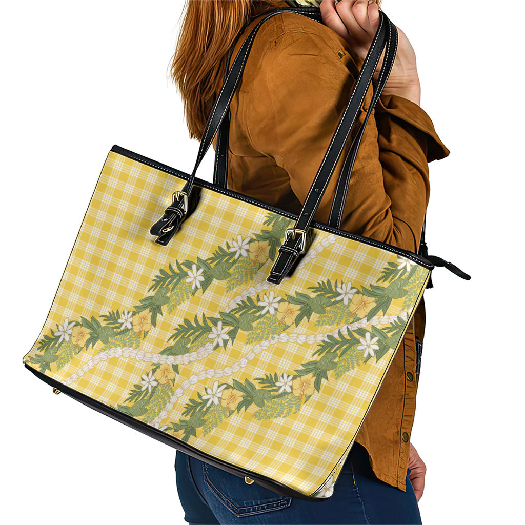 Aloha Puakenikeni Anthurium Pikake Lei Leather Tote Bag Gold Hawaiian Palaka Pattern LT9 - Polynesian Pride