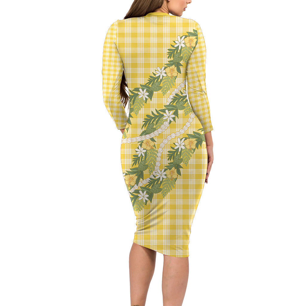 Aloha Puakenikeni Anthurium Pikake Lei Long Sleeve Bodycon Dress Gold Hawaiian Palaka Pattern