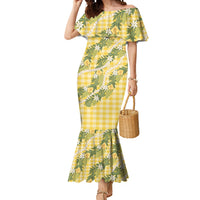 Aloha Puakenikeni Anthurium Pikake Lei Mermaid Dress Gold Hawaiian Palaka Pattern