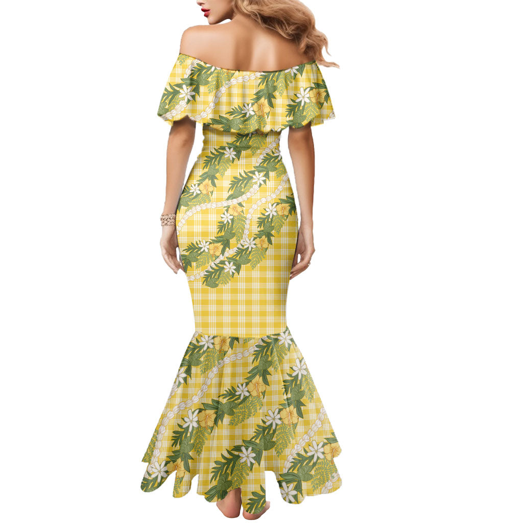 Aloha Puakenikeni Anthurium Pikake Lei Mermaid Dress Gold Hawaiian Palaka Pattern