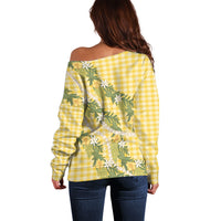 Aloha Puakenikeni Anthurium Pikake Lei Off Shoulder Sweater Gold Hawaiian Palaka Pattern