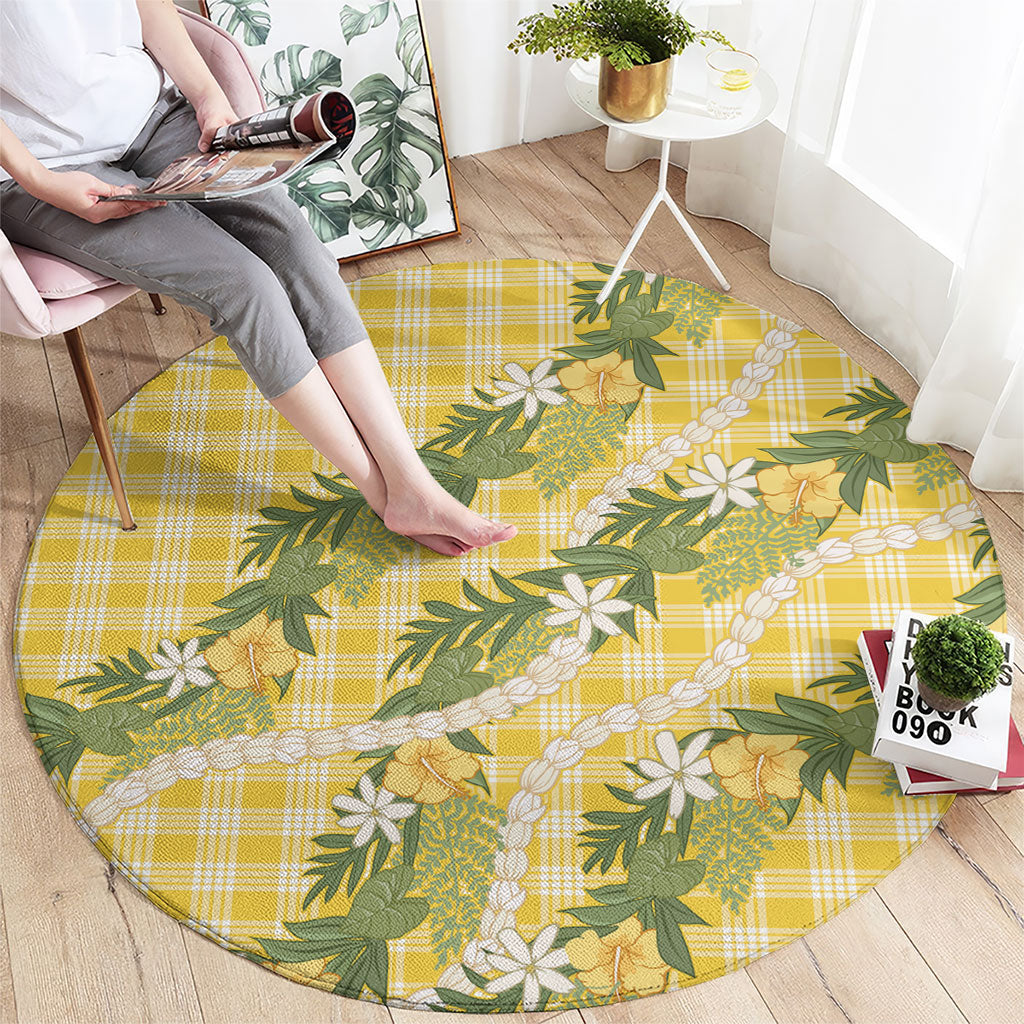 Aloha Puakenikeni Anthurium Pikake Lei Round Carpet Gold Hawaiian Palaka Pattern LT9 - Polynesian Pride