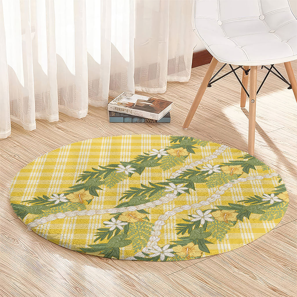 Aloha Puakenikeni Anthurium Pikake Lei Round Carpet Gold Hawaiian Palaka Pattern LT9 - Polynesian Pride