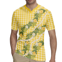Aloha Puakenikeni Anthurium Pikake Lei Rugby Jersey Gold Hawaiian Palaka Pattern LT9 - Polynesian Pride