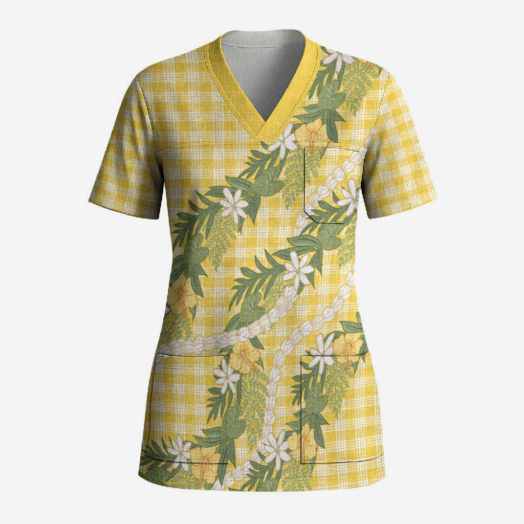 Aloha Puakenikeni Anthurium Pikake Lei Scrub Top Gold Hawaiian Palaka Pattern