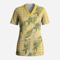 Aloha Puakenikeni Anthurium Pikake Lei Scrub Top Gold Hawaiian Palaka Pattern