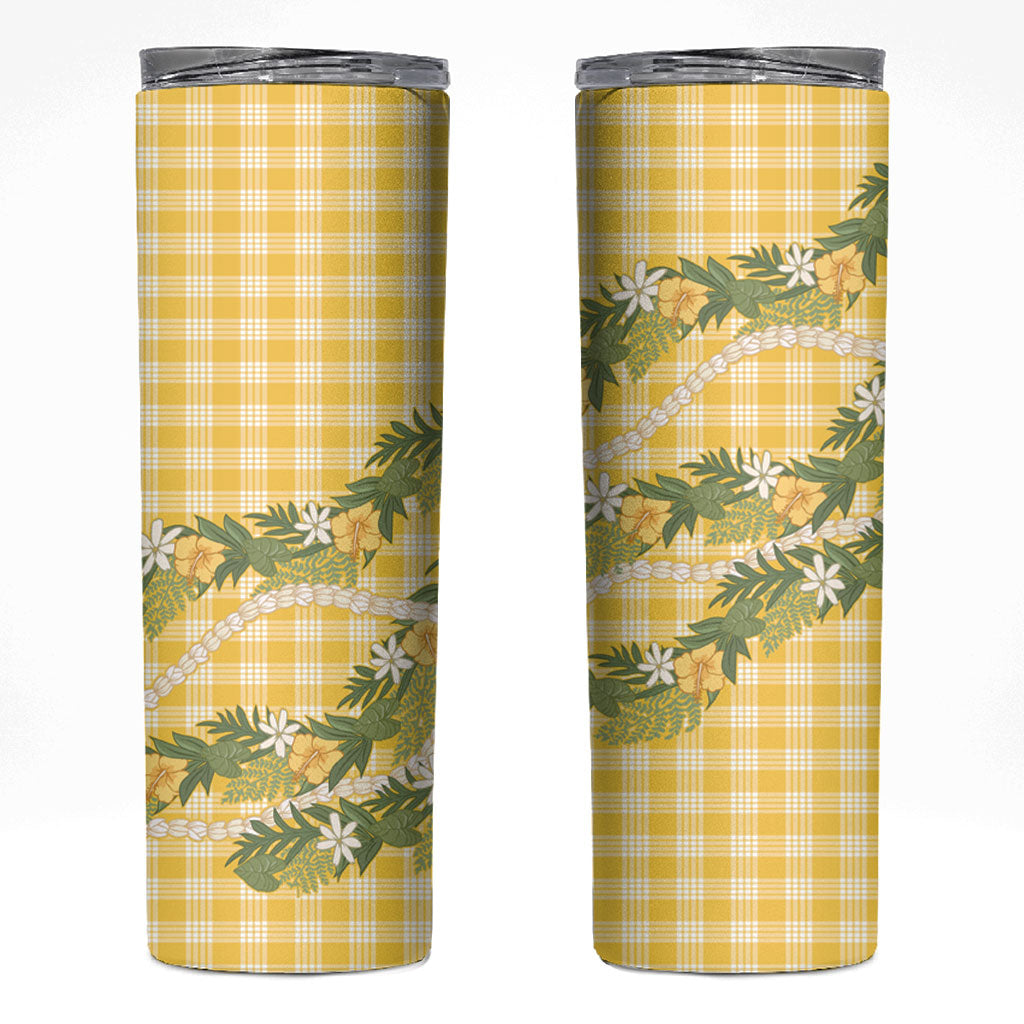 Aloha Puakenikeni Anthurium Pikake Lei Skinny Tumbler Gold Hawaiian Palaka Pattern
