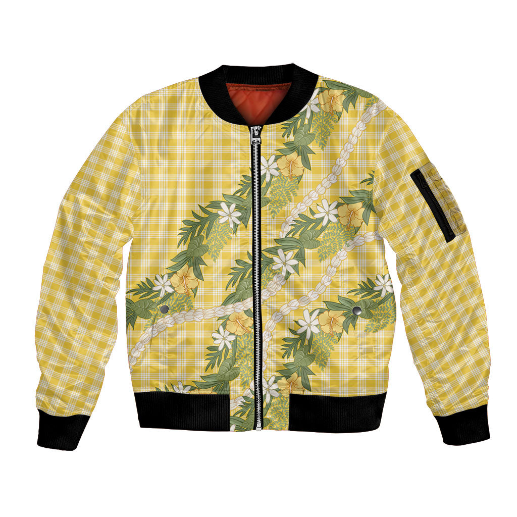 Aloha Puakenikeni Anthurium Pikake Lei Sleeve Zip Bomber Jacket Gold Hawaiian Palaka Pattern