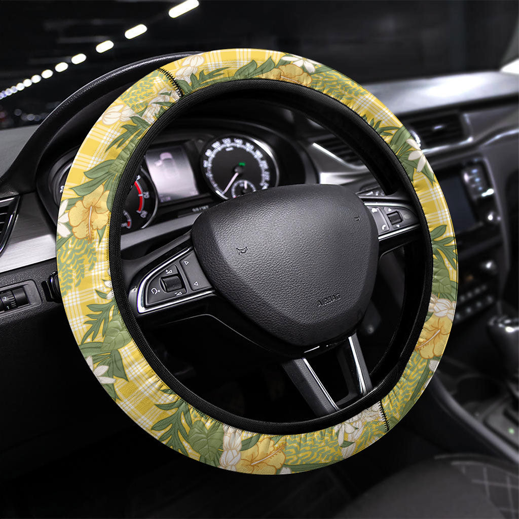 Aloha Puakenikeni Anthurium Pikake Lei Steering Wheel Cover Gold Hawaiian Palaka Pattern