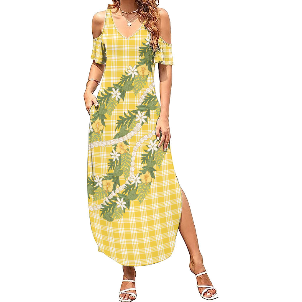 Aloha Puakenikeni Anthurium Pikake Lei Summer Maxi Dress Gold Hawaiian Palaka Pattern