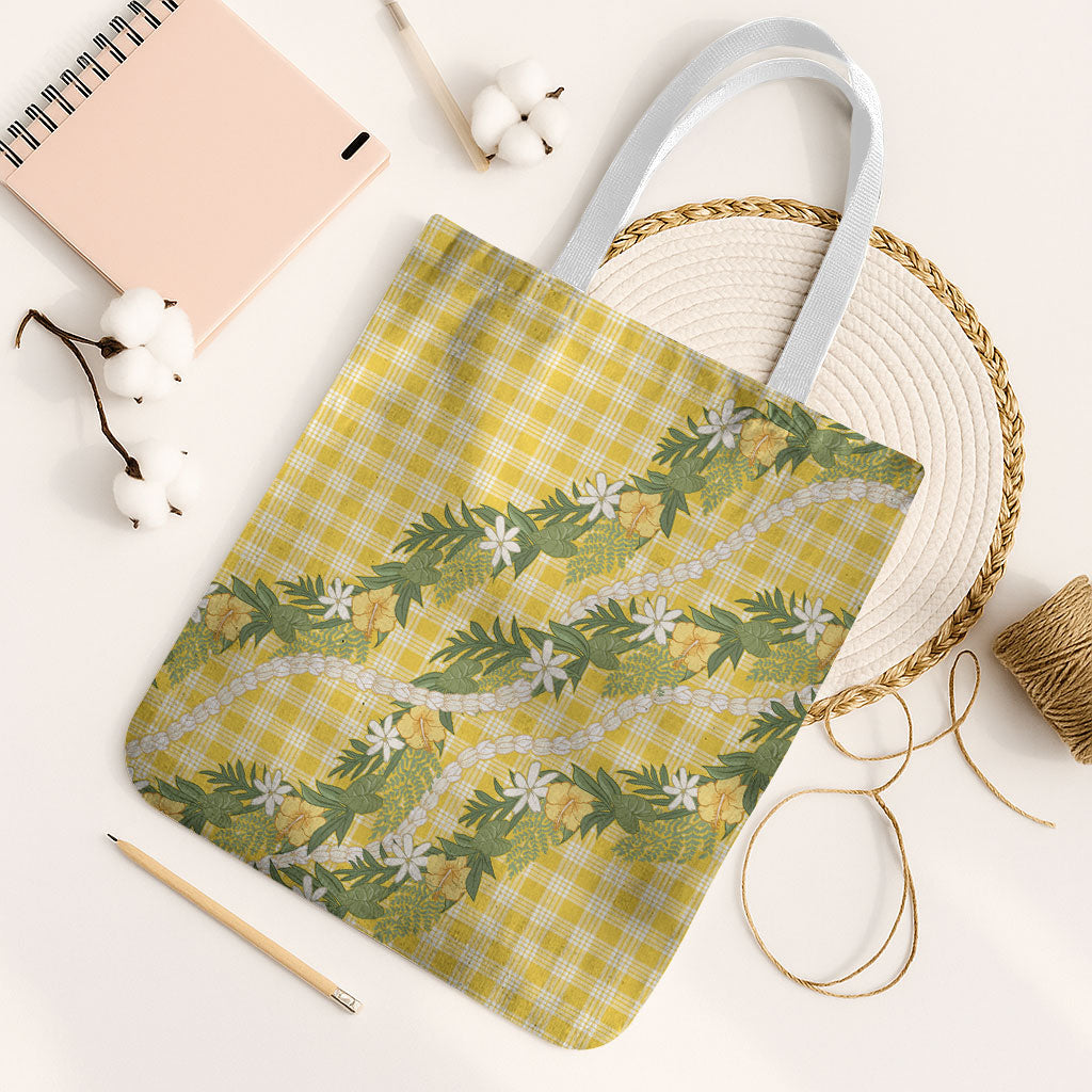 Aloha Puakenikeni Anthurium Pikake Lei Tote Bag Gold Hawaiian Palaka Pattern