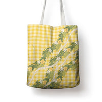 Aloha Puakenikeni Anthurium Pikake Lei Tote Bag Gold Hawaiian Palaka Pattern