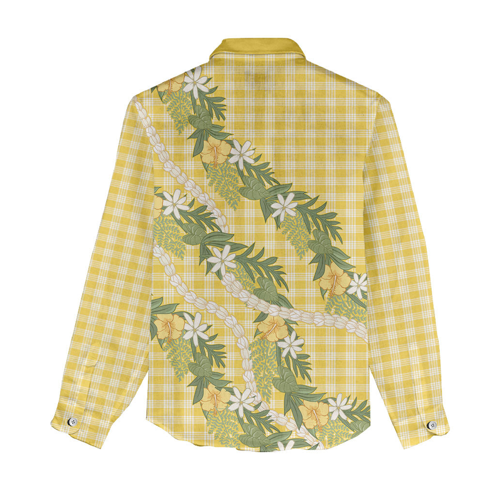 Aloha Puakenikeni Anthurium Pikake Lei Women Casual Shirt Gold Hawaiian Palaka Pattern
